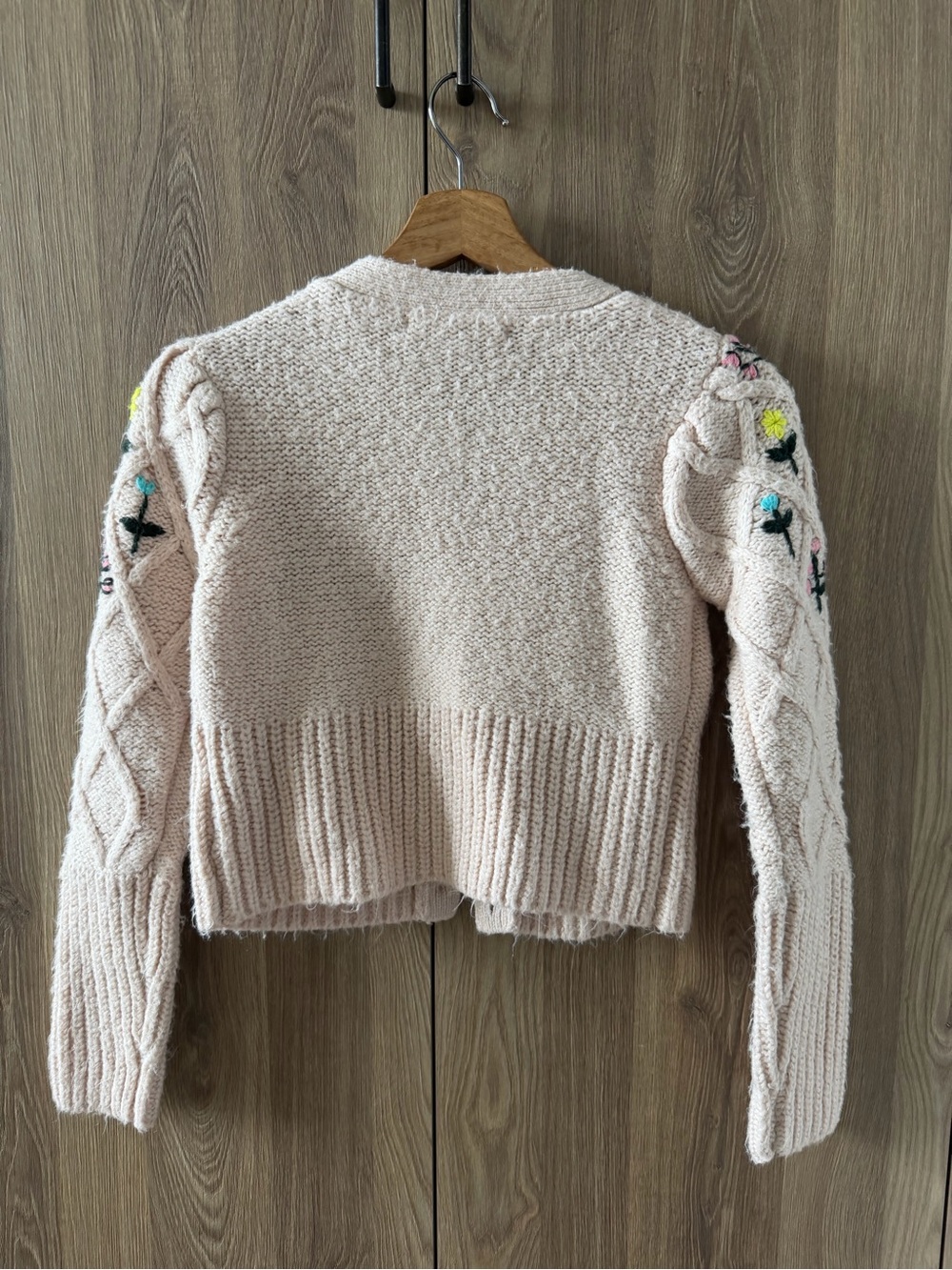 Urban Outfitters Cream Knit Cropped Cardigan with Embroidered Floral Sleeves